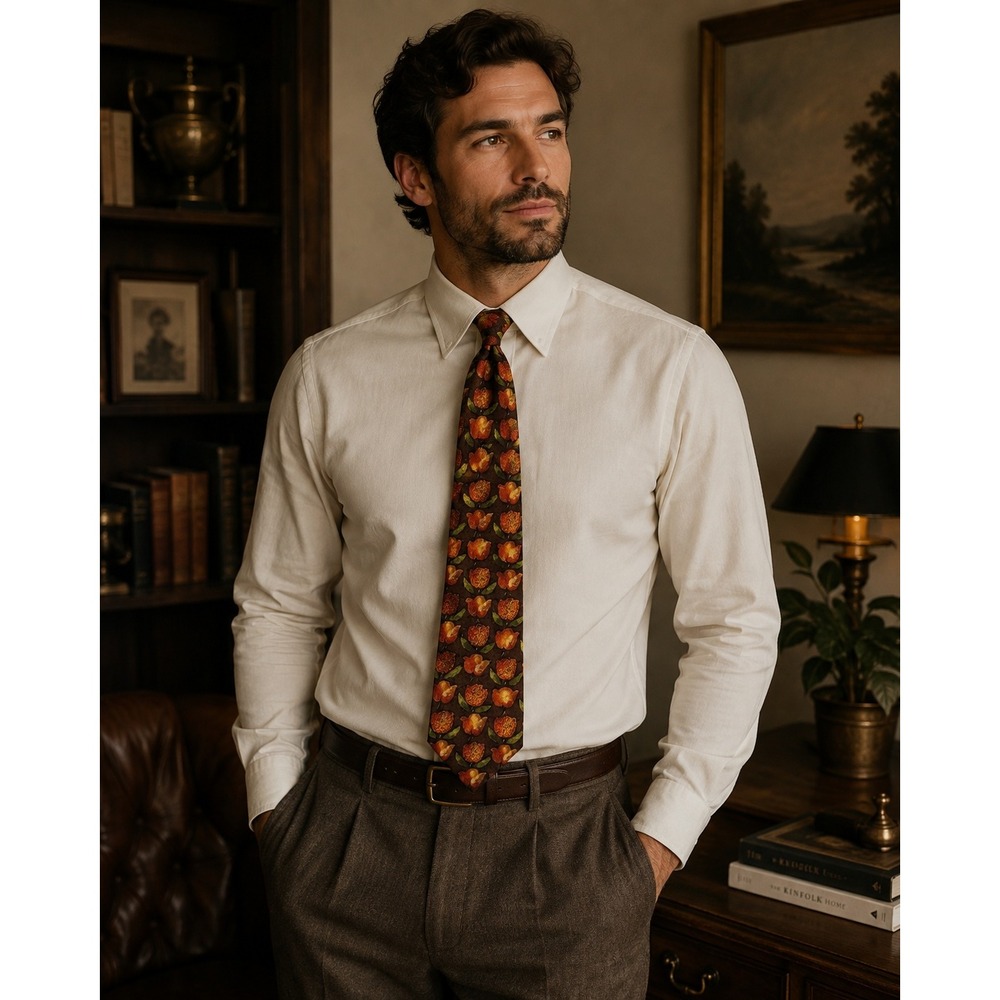 Ermenegildo Zegna Tie Mens‎ OS Brown Floral Silk Luxury Designer Italian